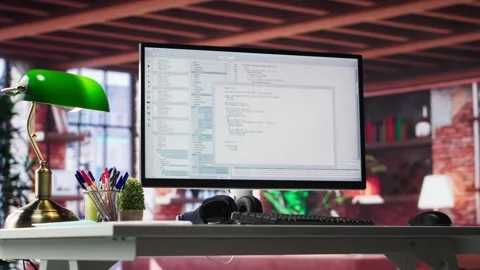 Organized desk ideal for writing binary code and analyzing data Stock Footage 309111137