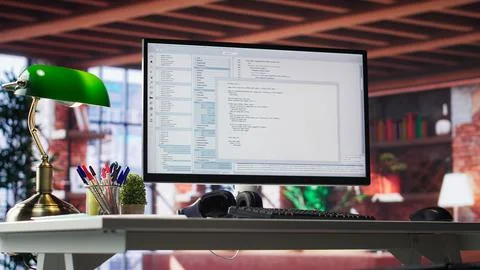 Organized desk ideal for writing binary code and analyzing data Stock Photos
