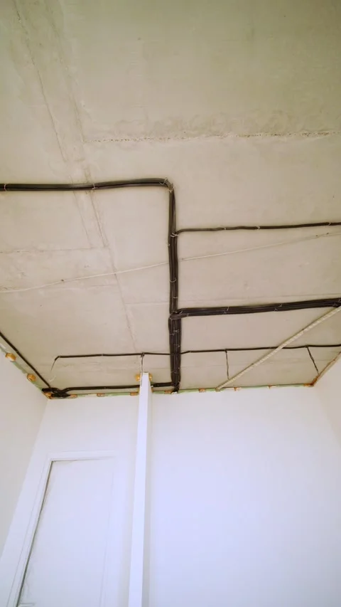 Organized Electrical Conduit Network on Unfinished Concrete Ceiling Stock Footage 342989676