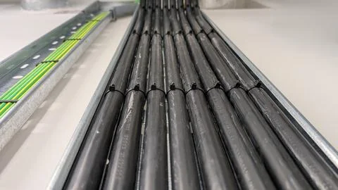 Organized Electrical Power Cables Installed in Metal Cable Tray Stock Photos