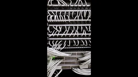 Organized Ethernet Patch Panel in Data Center with White Cables, 4k video Stock Footage 289098517