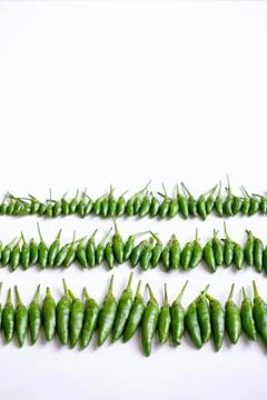 Organized horizontal rows of fresh green bird's eye chilies or cabe rawit hijau Stock Photos