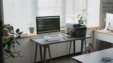 Organized IT Classroom Workspace with Computer Showing Code Stock Footage 317634936