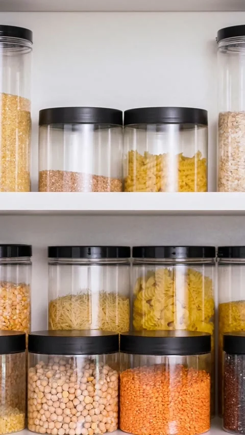 Organized kitchen pantry with pasta and legumes in transparent jars on white Stock Footage 341282753