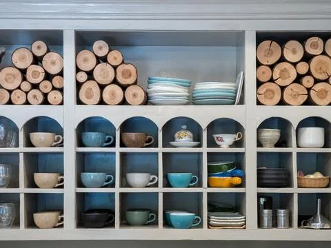 Organized kitchen shelf displaying ceramic cups, plates and tableware in ne.. Stock Photos