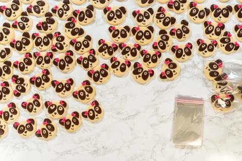 Organized layout of panda cookies with packaging materials Stock Photos