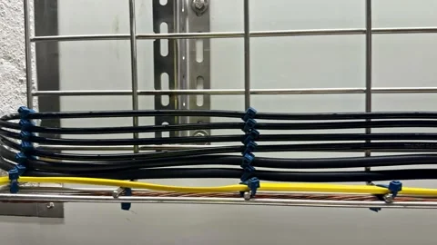 Organized Network of Cables Secured on Metal Rack Stock Footage 337092700