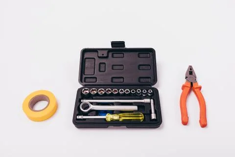 Organized set of working tools in box 库存照片