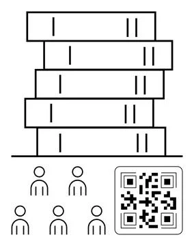 Organized Stack of Books with QR Code and Community Symbols Concept for Dig.. Stock Illustration