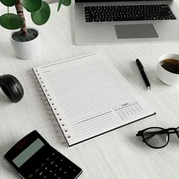 Organized Workspace with Notebook and Laptop 3D Render Stock Illustration