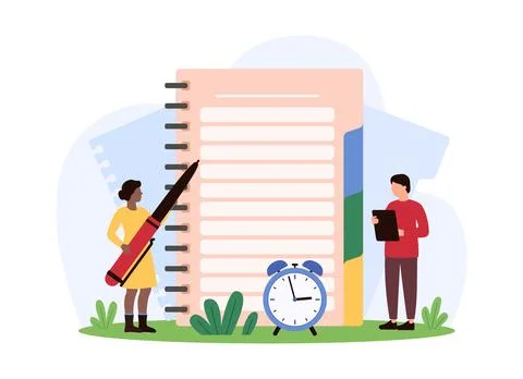 Organizer in notebook, diary and daily planning, tiny people with pen, notepad 스톡 일러스트