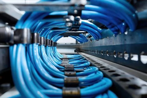 Organizing blue network wires 스톡 사진