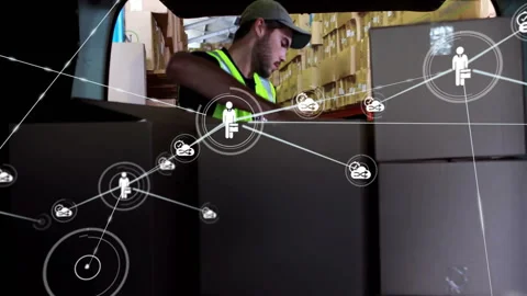 Organizing boxes in warehouse, network connections animation overlaying scene Stock Footage 304310769