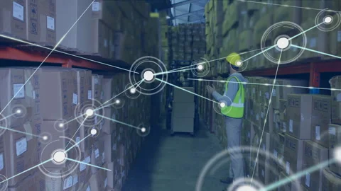 Organizing boxes in warehouse, worker with network connections animation overlay Stock Footage 303420144