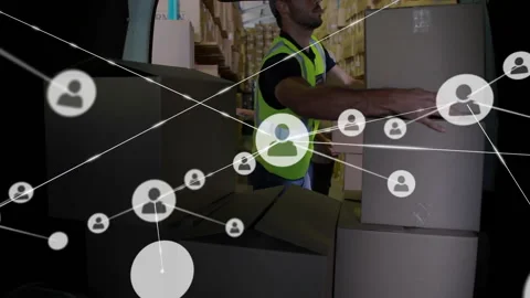 Organizing boxes in warehouse, worker with network connections animation overlay Stock Footage 304642859