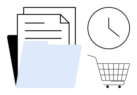 Organizing Documents and Time Management with Shopping Cart and Clock Stock Illustration