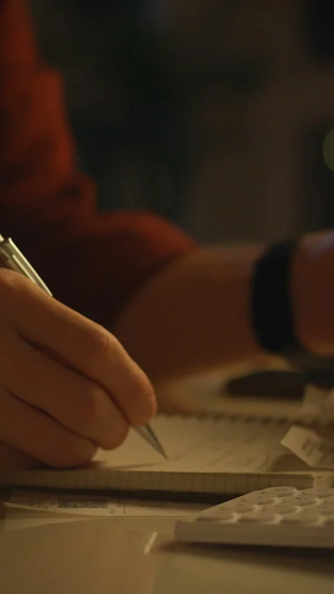 Organizing finances during a busy evening with paperwork and calculator on a Stock Footage 331668481