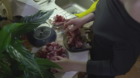 Organizing Fresh Meat for Cooking During Home Meal Preparation Vidéo 341768014
