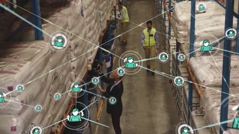 Organizing inventory, warehouse workers with network of connections and Stock Footage 304310816