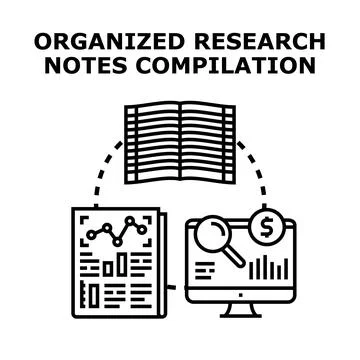 Organizing research notes for data analysis and compilation Illustrazione stock