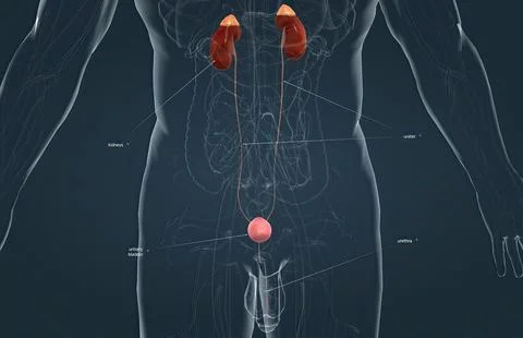 The organs of the urinary system include the kidneys, renal pelvis, ureters,  Stock Illustration