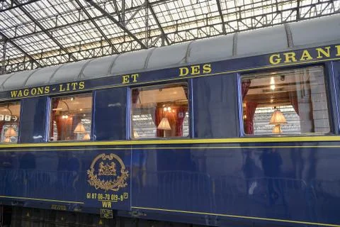 Orient Express Blue train stopped in town of Brive Stock Photos