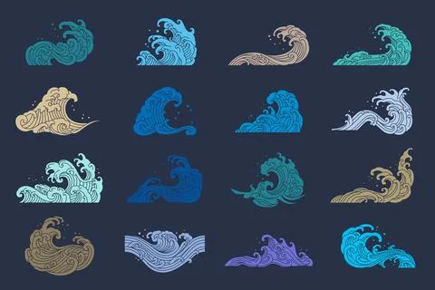 Orient sea wave pattern silhouette set Stock Illustration