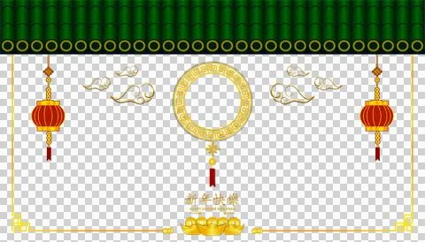 Oriental asia elements frame with rooftop and circle gold pattern Stock Illustration