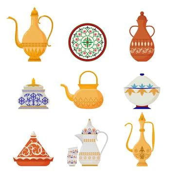 Oriental crockery with arabic script set. Syrian yellow teapots with ornate Illustrazione stock