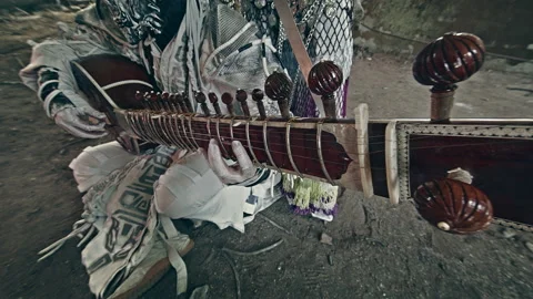 Oriental dancers. Goddesses dance in the temple. Alien musician. sitar Stock Footage 168492440