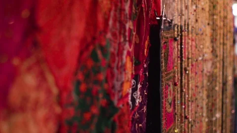 Oriental Fabric and Jewelry on a Middle Eastern Bazaar. Stock Footage