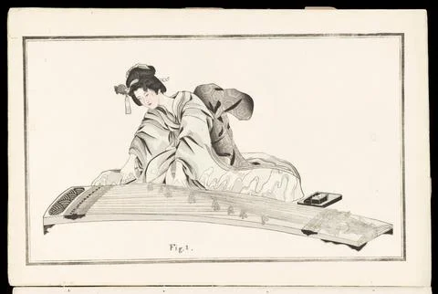 Oriental female figure, playing a stringed instrument Illustrazione stock