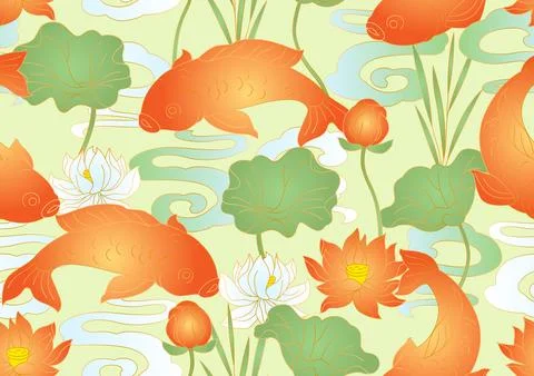 Oriental fish and lotus pattern. Chinese and japanese traditional background. Illustrazione stock