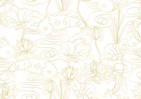 Oriental fish and lotus pattern. Chinese and japanese traditional background. Stock Illustration