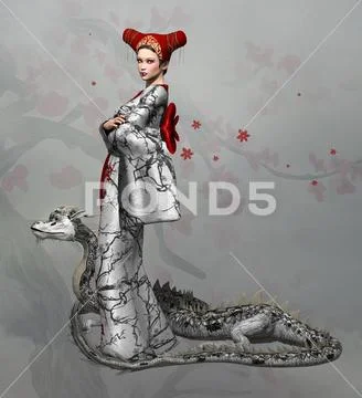 Oriental girl in kimono and a mythological dragon Stock Illustration