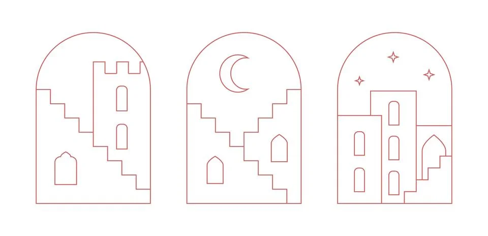 Oriental islamic windows, arches, frames. Linear landscape, arabic city vector Stock Illustration