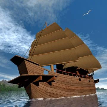 Oriental junk boat - 3D render Stock Illustration