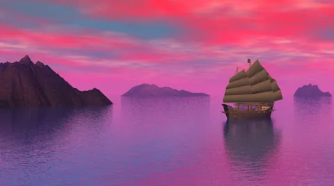 Oriental junk on the ocean by sunset - 3D render Video stock 24373161