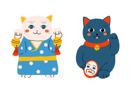 Oriental maneki neko cat - set of two cartoon cats Stock Illustration
