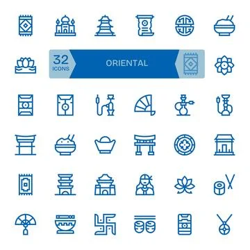 Oriental Modern Vector Collection with 32 Bold Line 256x256 Grid Fitted Icons 스톡 일러스트