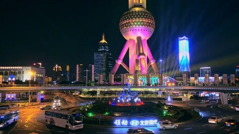 Oriental Pearl Tower at the nighttime. Stock Footage 76453571