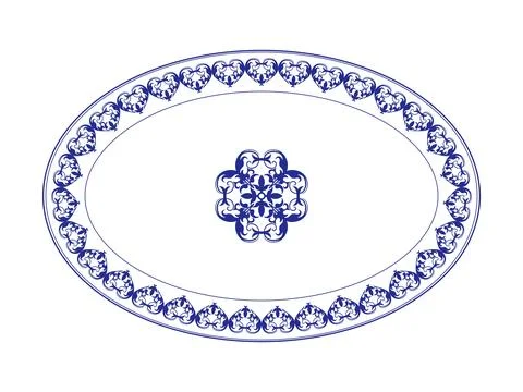 Oriental porcelain plate with blue pattern on white background. Oval frame  Stock Illustration