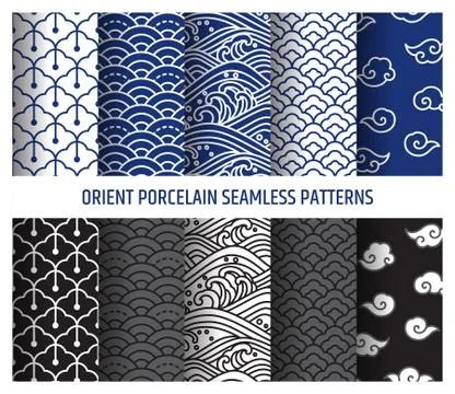 Oriental porcelain seamless patterns vector illustration. Stock Illustration