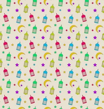 Oriental Seamless Pattern with Arabic Lamps, Crescents, Stars Stock Illustration