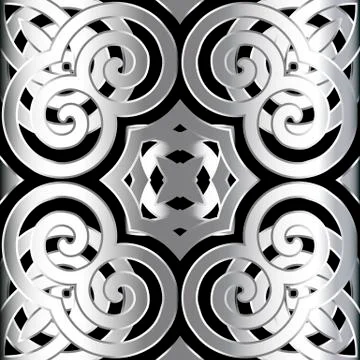 Oriental silver 3d vector seamless pattern. Arabic style ornamental black and Stock Illustration