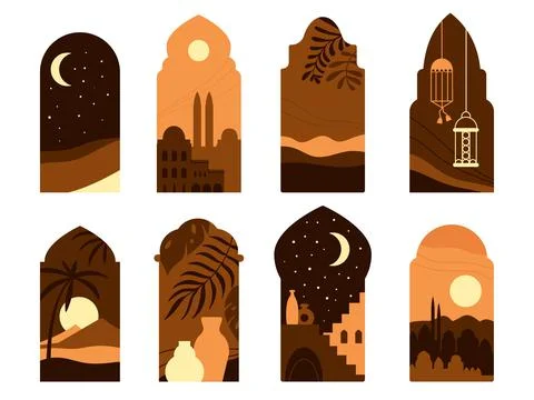 Oriental style windows with moon, mosque domes and plants. Islamic architecture Illustrazione stock