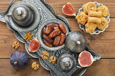 Oriental sweets with coffee Stock Photos