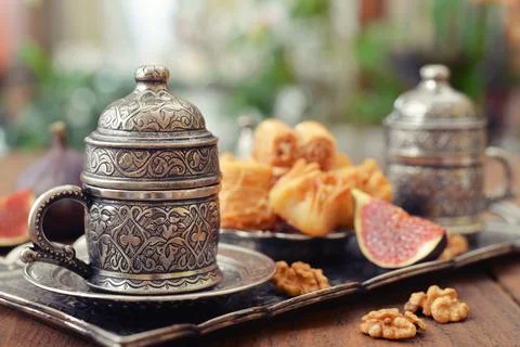 Oriental sweets with coffee Stock Photos