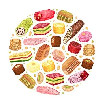 Oriental Sweets Round Composition Design with Sugary Dessert Vector Template Stock Illustration