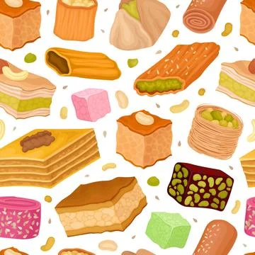 Oriental Sweets Seamless Pattern Design with Sugary Dessert Vector Template Stock Illustration